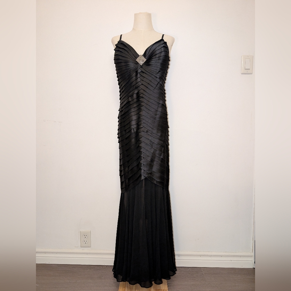Vintage Tadashi Black Silk Blend Gown With Rhinestone Detail